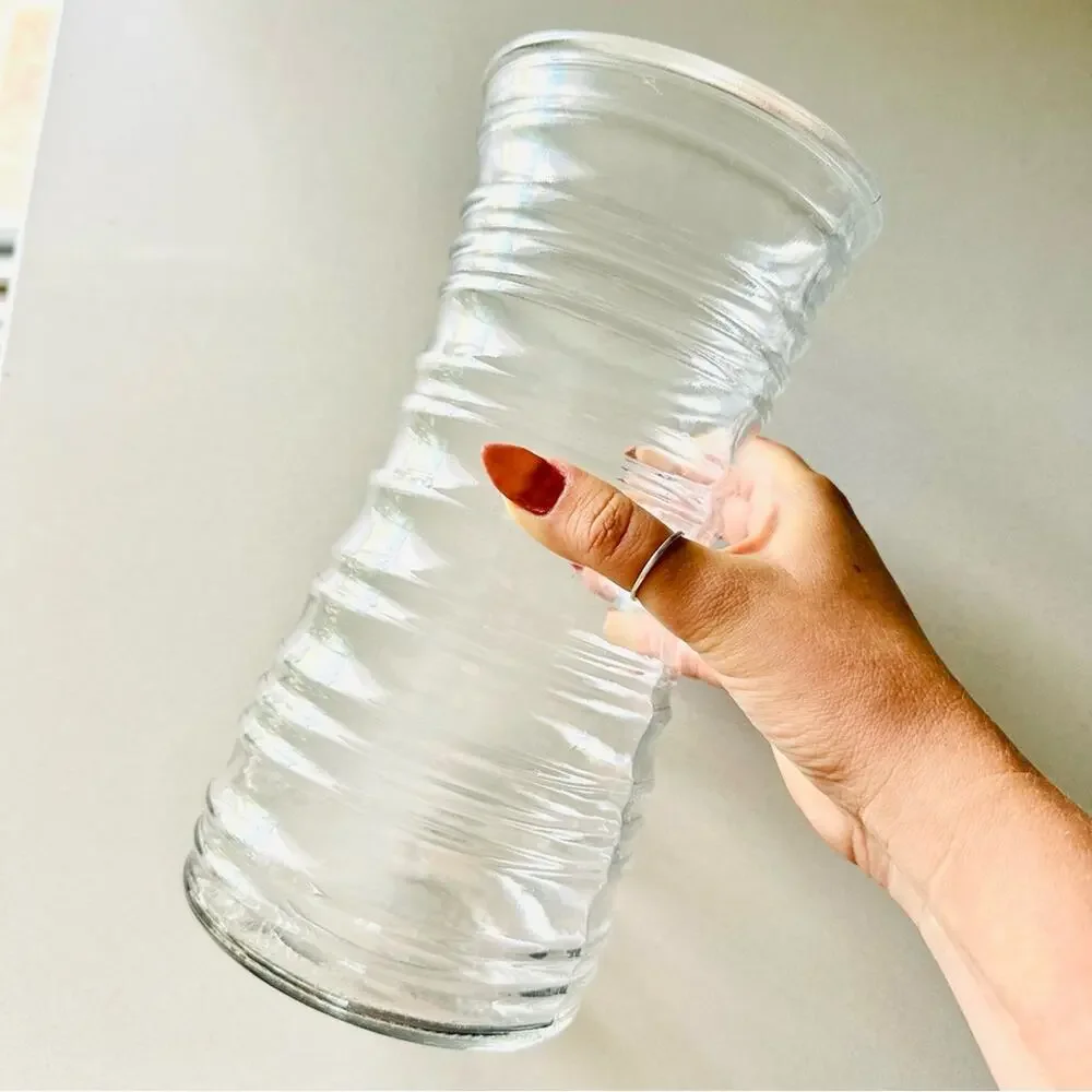VINTAGE Clear Glass Strip Floral Flower Tall Vase Kitchen Gadget Storage Display